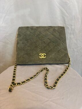 Inspired Olive Green Quilted Suede Chain Crossbody Bag with Gold Hardware